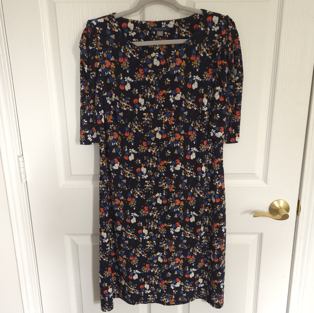 Tommy Hilfiger Floral Dress Size 14 3/4 Sleeves Career Wear Navy Business Casual